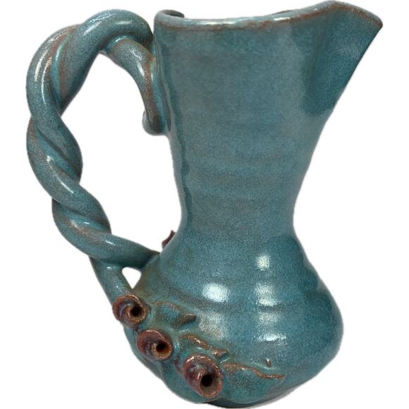 MARY SHORT 4" Redware Rose Decorated Pitcher Art Pottery Handmade Topeka KS - Picture 1 of 7